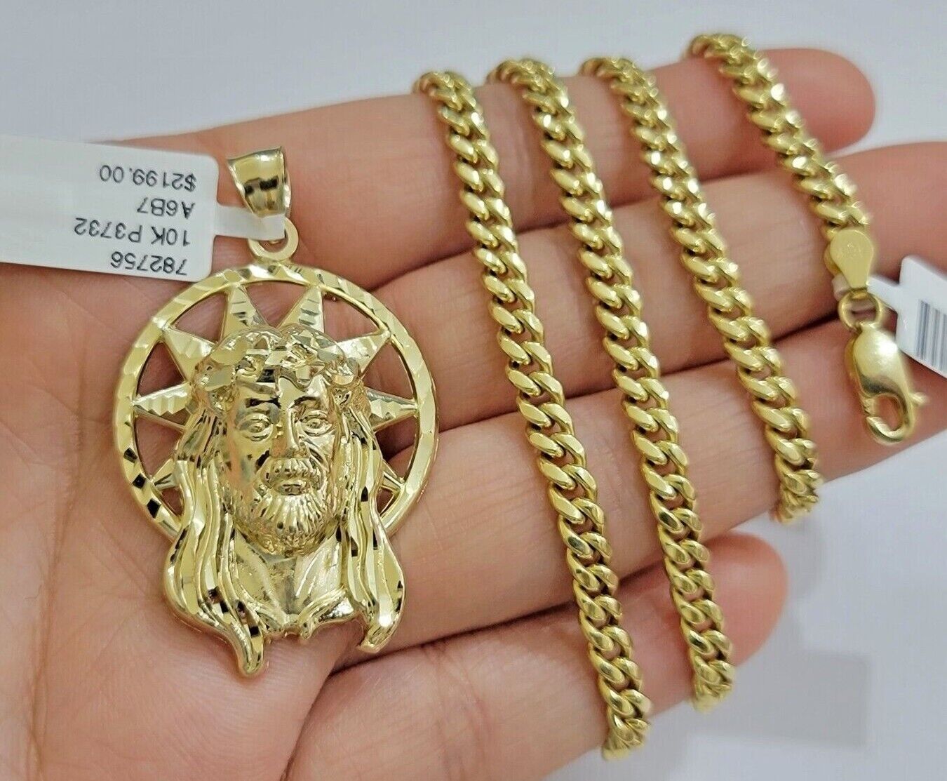 10kt Gold Miami Cuban Chain Jesus Head Charm Pendant Set 18 - 28 Inch 5mm Necklace - GoldenlinQ